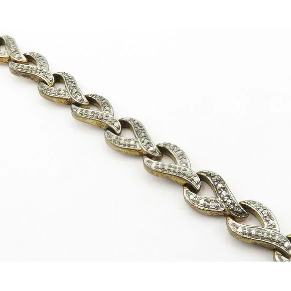925 Sterling Silver Vintage Genuine Diamond Wrench Link Chain Bracelet BT5249